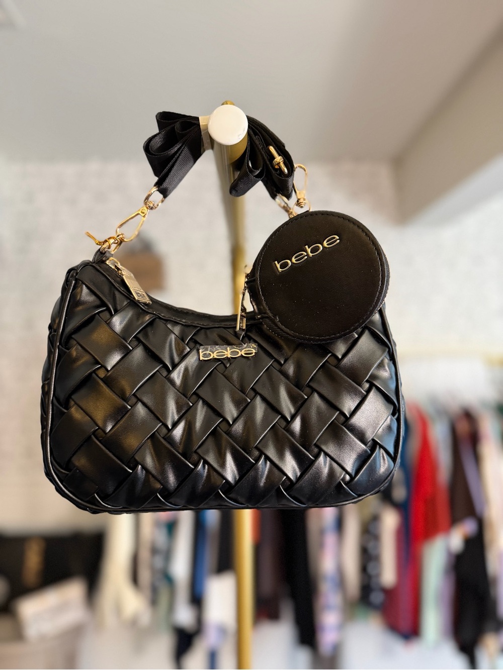 NWT bebe Black Woven Shoulder Bag with Coin Pouch and Ribbon Strap